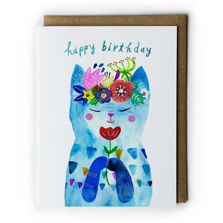 Blue Flower Kitty Birthday Card