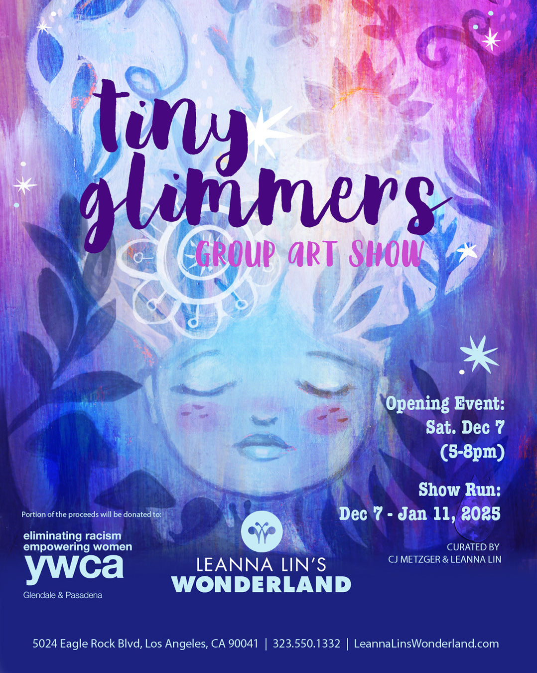 Flyer for gallery show "Tiny Glimmers" featuring a painting of a serene blue woman with flowers and information on the show's run and opening event.