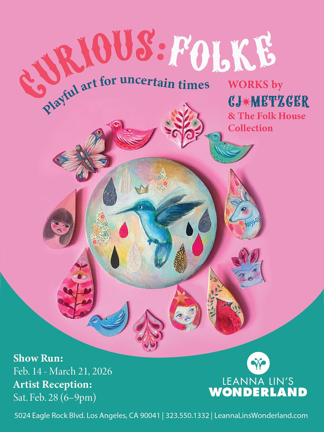 Flyer for the gallery show "Curious: Folke" featuring whimsical art of birds and plants on a pink and turquoise background, with information on the show's run and opening event.