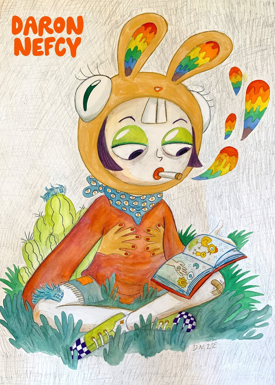 Flyer for the "Daron Nefcy Art Show" featuring an illustration of a girl in a bunny hat smoking a rainbow cigarette and reading a book.