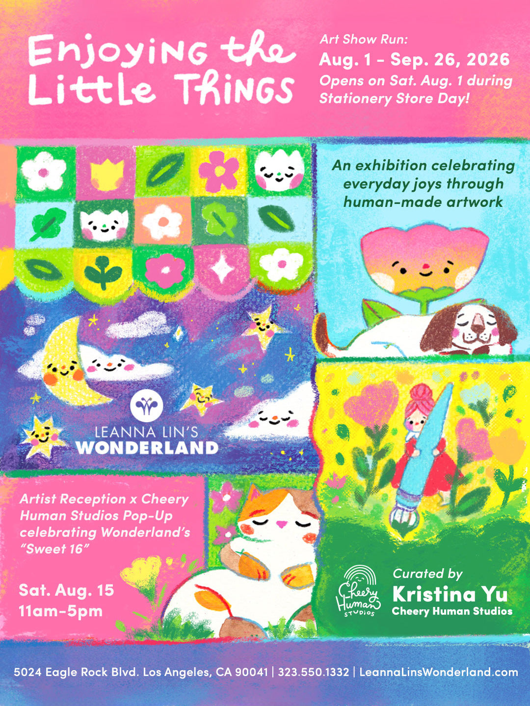 Flyer for the gallery event "Enjoying the Little Things," featuring illustrations of a quilt, dog, cat, and moon, along with information on the show's run and gallery opening.