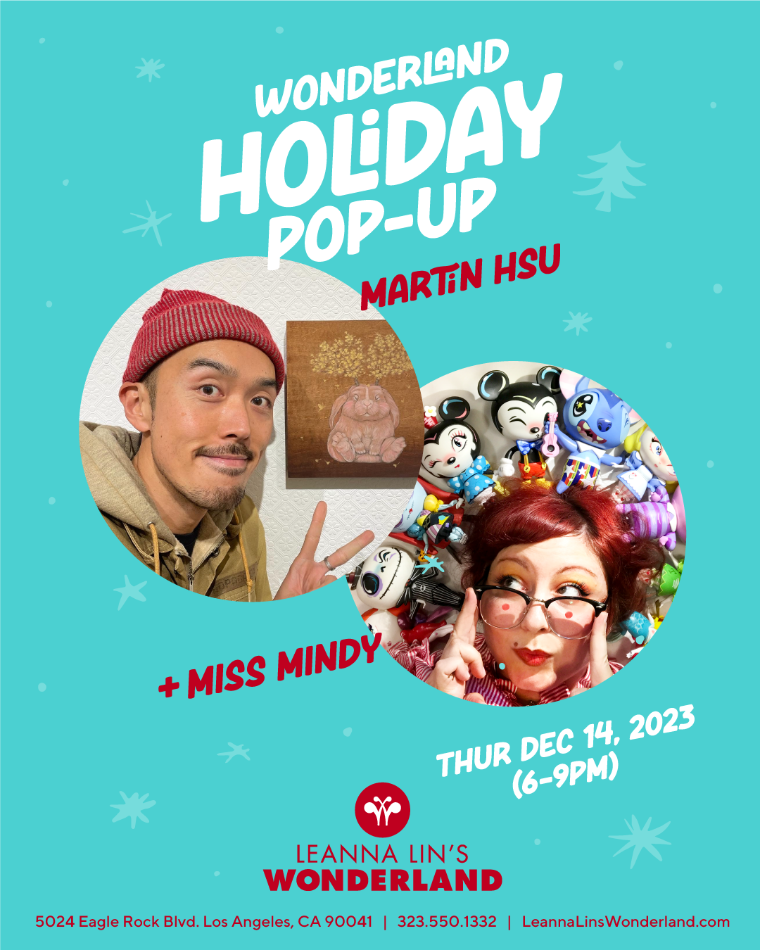 Flyer for the event "Wonderland Holiday Pop-Up" featuring images of the two artists Martin Hsu and Miss Mindy against a blue background with information on the event's run.