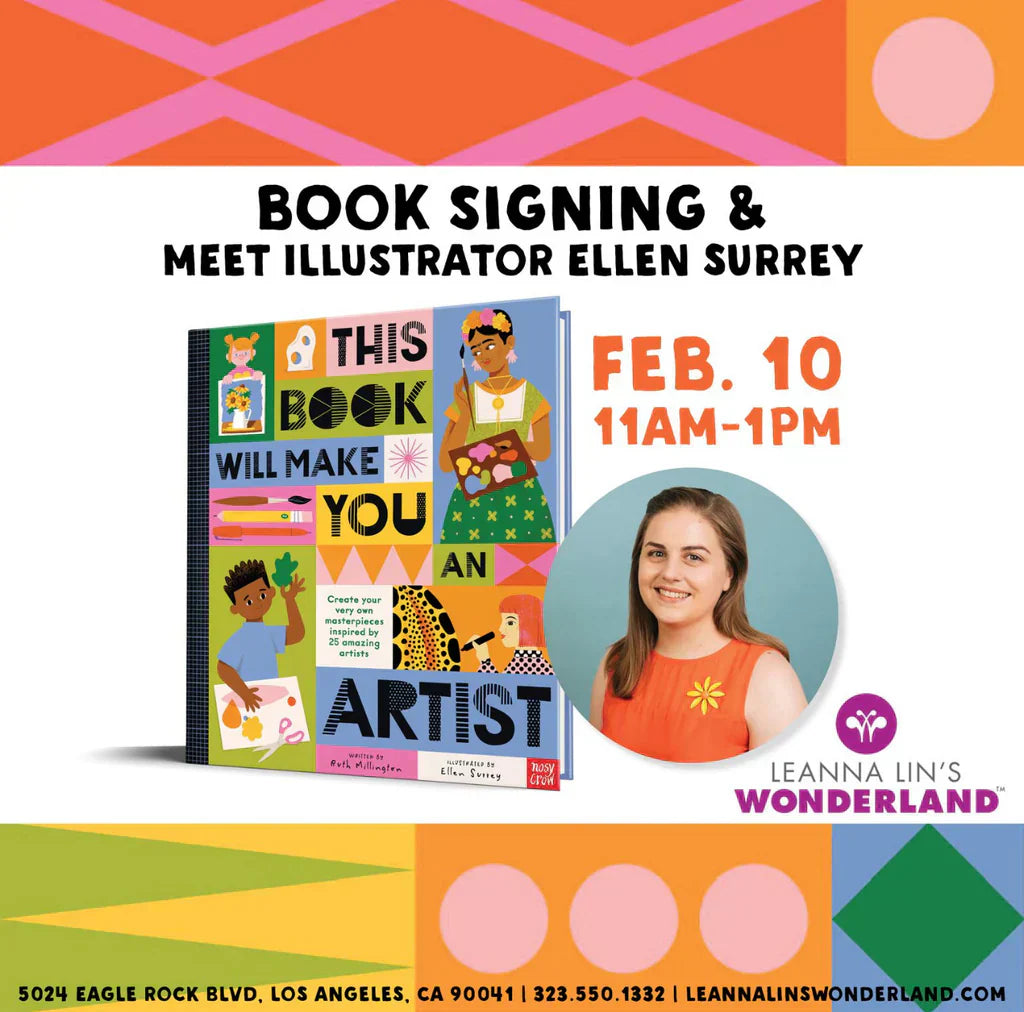 Flyer for event "Book Signing & Meet Illustrator Ellen Surrey," featuring an image of the book and author with information on the event's run.