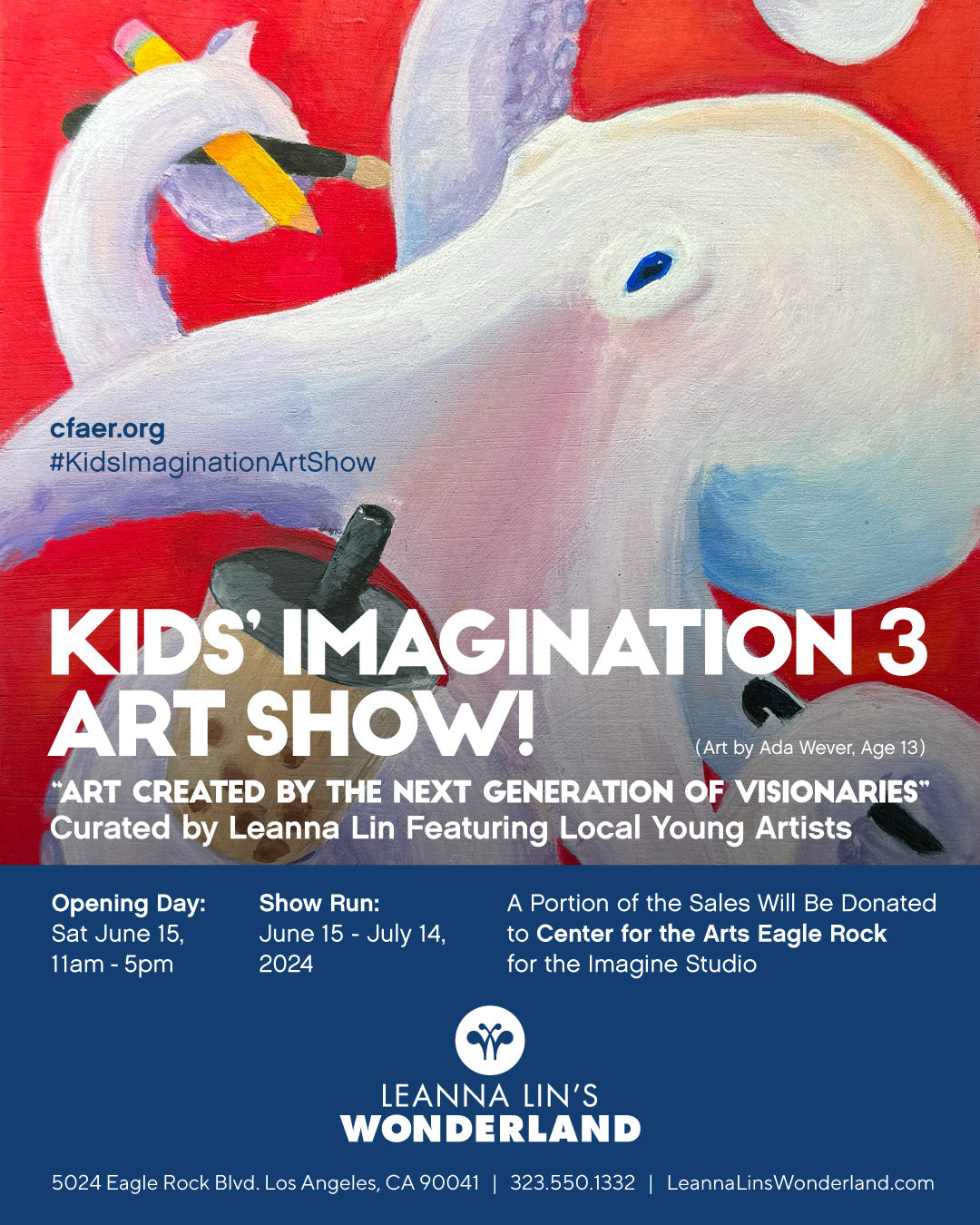 Flyer for the gallery show "Kid's Imagination 3: Art Show!," featuring a painting of an octopus holding a pencil and boba with information on the show's run and opening day.