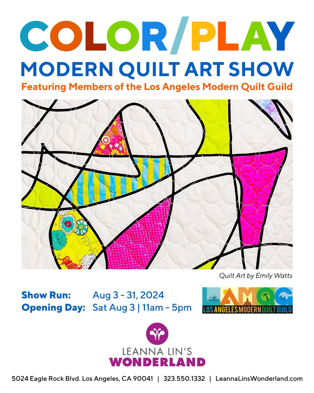 Flyer for the gallery show "Color/Play" featuring a quilt with swirly black lines and information on the show's run and opening event.