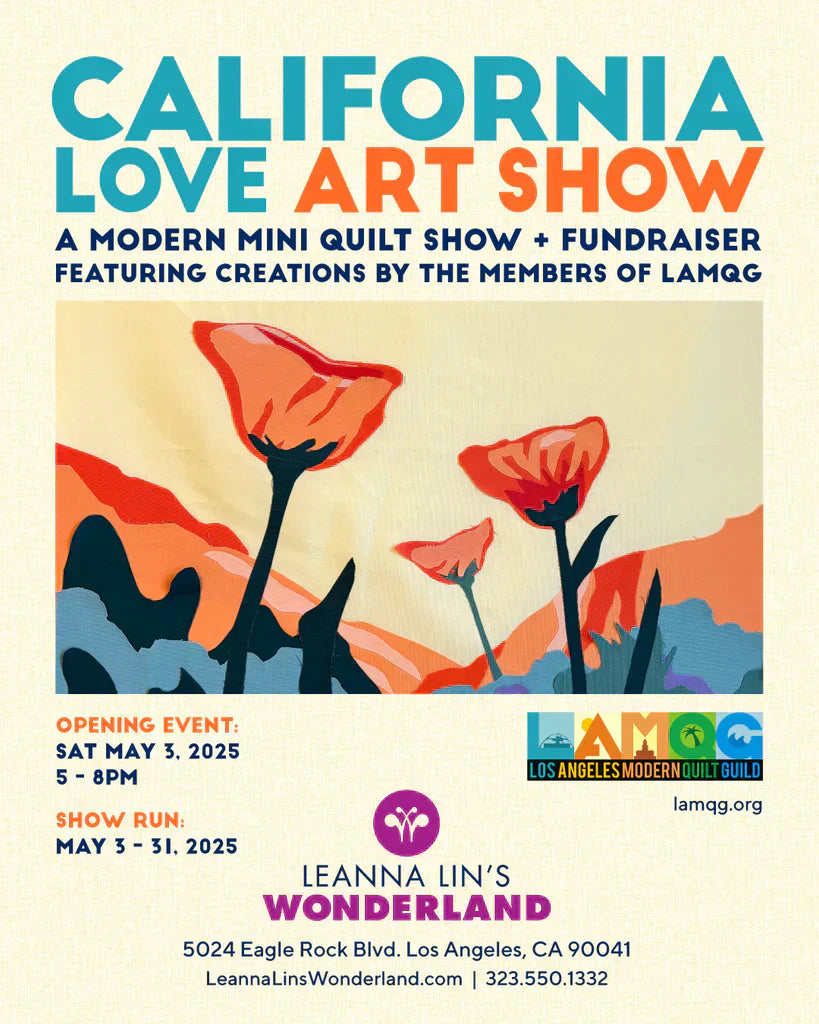 Flyer for the gallery show "California Love Art Show," featuring a close-up of a quilt with orange California poppies and information on the show's run and opening event.