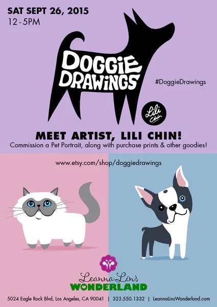 Flyer for "Doggie Drawings" art pop-up event featuring cute digital art of a dog and a cat on a pink, purple, and blue background. Flyer also features date and time info.