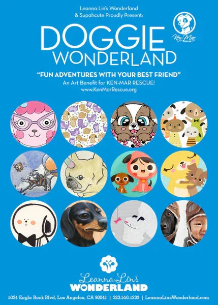 Flyer for the "Doggie Wonderland" art show. Featuring glimpses of art from the show of dogs in different art styles, on a blue background.