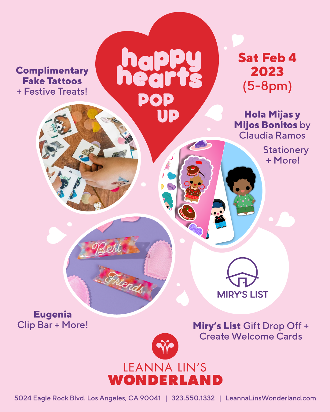 Flyer for the event "Happy Hearts Pop-Up" in a red heart, featuring three photos of the featured artists' work and information event on a pink background. 