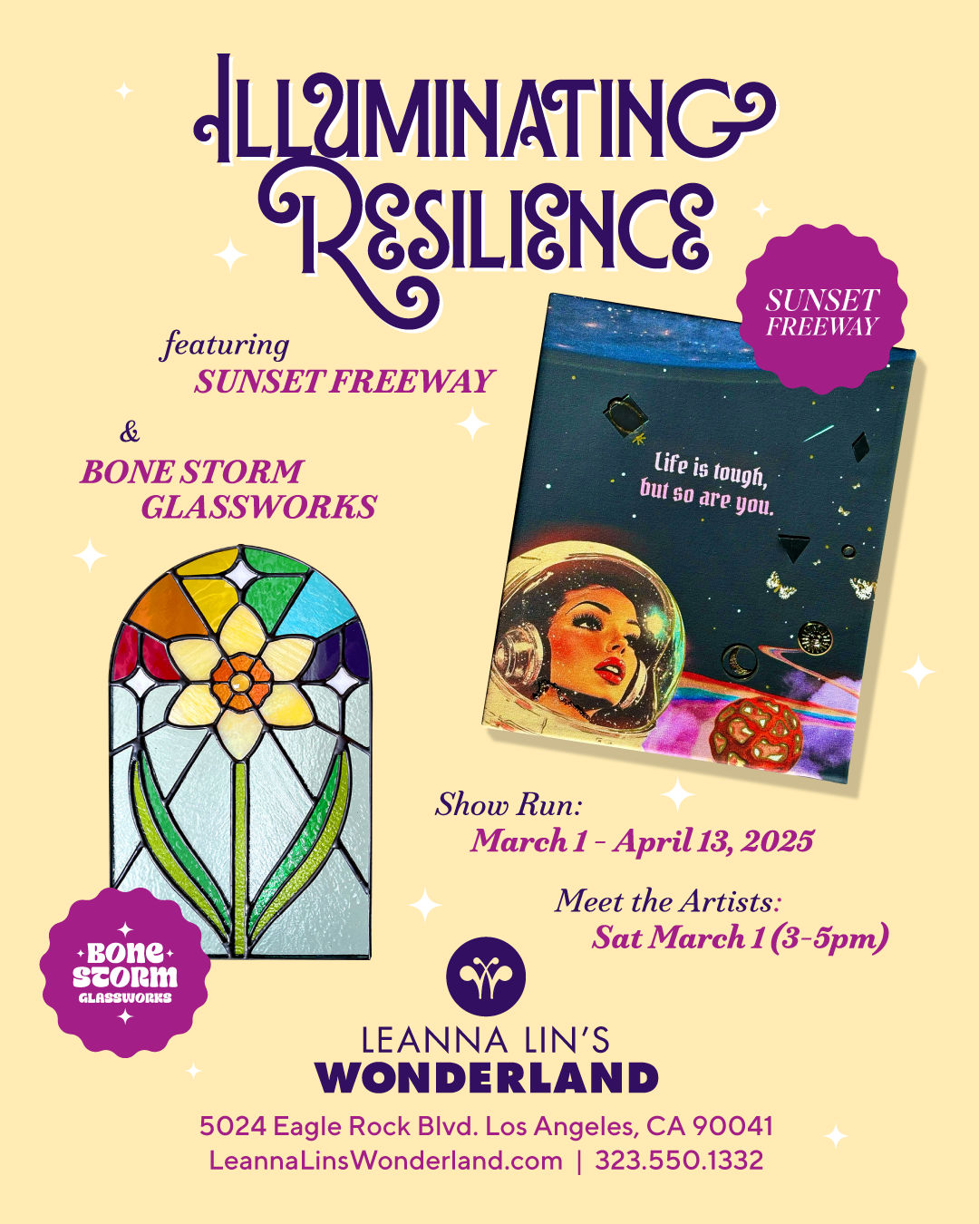 Flyer for the gallery show "Illuminating Resistance," featuring an image of a celestial art piece and a stained glass daffodil with information on the show's run and opening event.