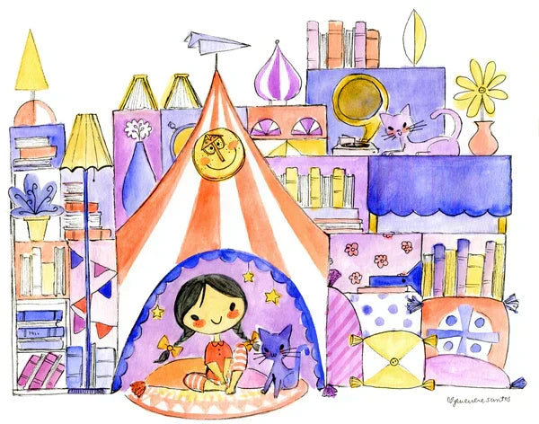 Image of a Genevieve Santos art piece of a little girl with light beige skin and black hair and her cat sitting in an elaborate purple-toned tent fort reminiscent of the "It's a Small World" ride in Disneyland. 