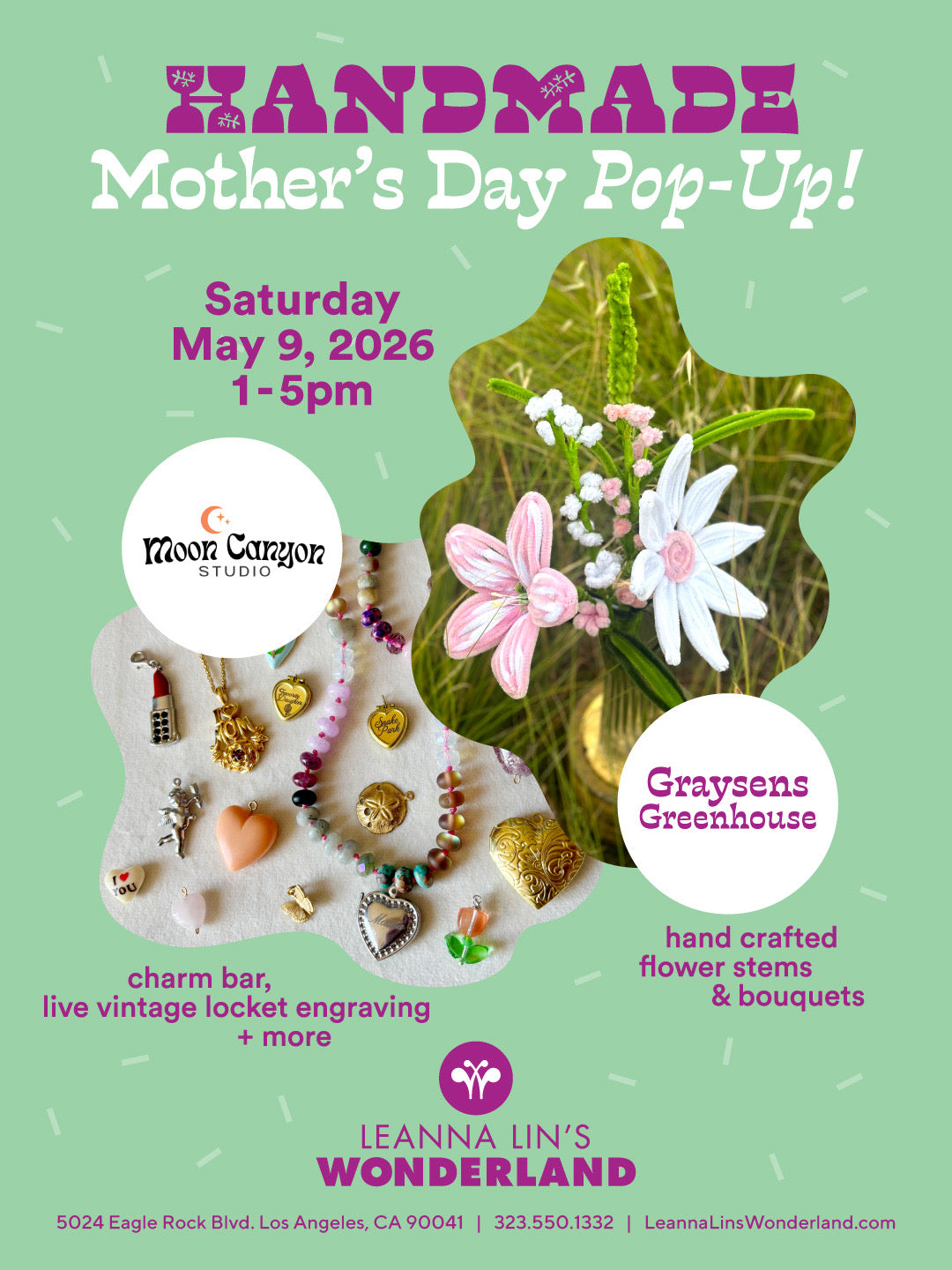 Flyer for the gallery show "Handmade: Mother's Day Pop-Up" featuring photos of a jewelry display and fabric flowers on a teal background, with information on the show's run and opening event.