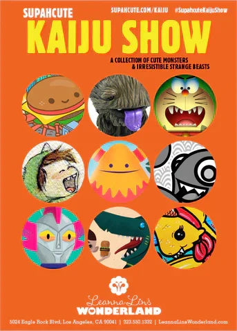 Flyer for "Supahcute Kaiju Show" featuring glimpses of cute art from the show of monster characters, on an orange background.