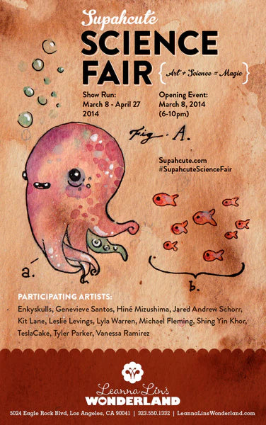 Flyer for the gallery show "Science Fair," featuring an illustration of a smiling squid on a brown watercolor background and information on the show's run and opening event.