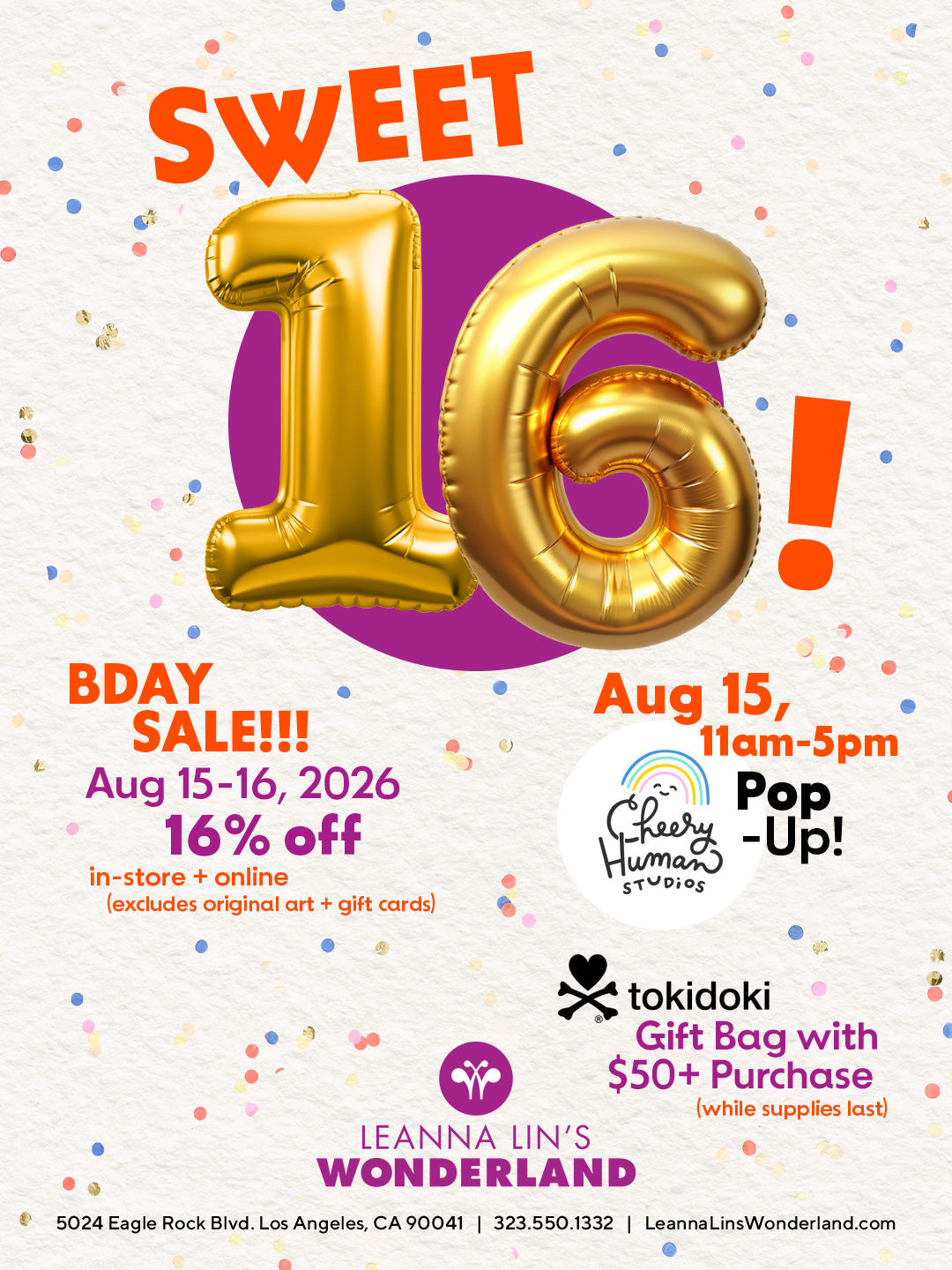 A flyer for Leanna Lin's Wonderland's 16th Anniversary Event with large gold balloon letters on a confetti background.