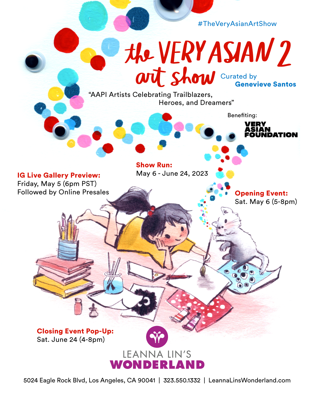 Flyer for the gallery show "The Very Asian Art Show 2" featuring a watercolor of a girl painting with a cat, with polka dots floating from her brush and around the title. The flyer gives information on the show's run and opening event.