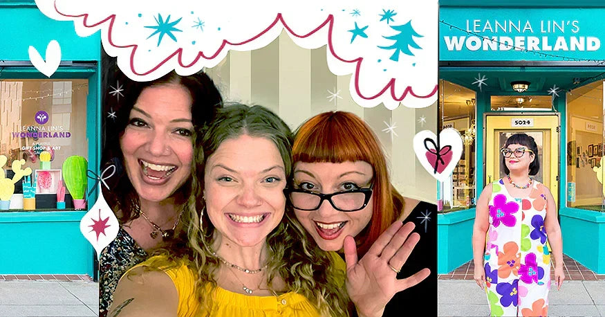 Photo of artists CJ Metzger, Sophie (staff), and  artist Miss Mindy alongside a photo of Leanna Lin in front of her store.
