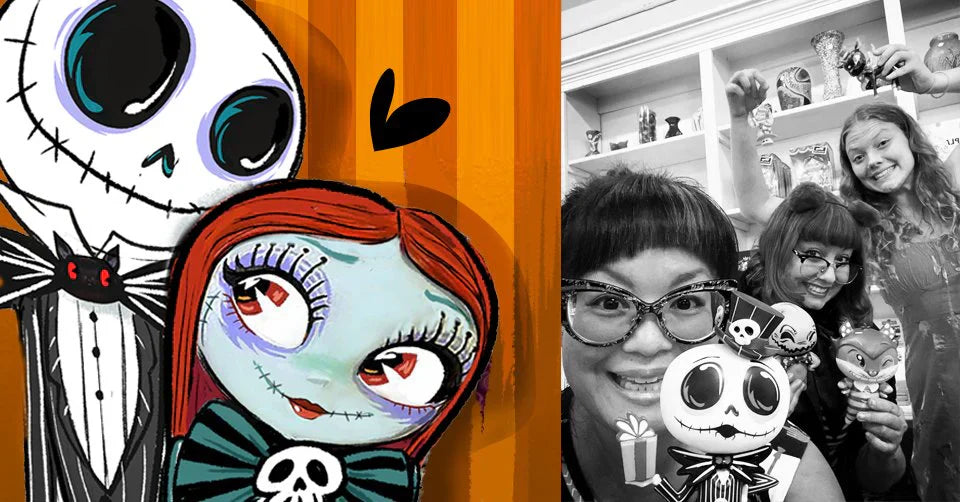 Two photos. One is a glimpse at Jack and Sally from the movie Nightmare Before Christmas drawn by artist Miss Mindy. The other is a photo of Leanna Lin, artist Miss Mindy, and Sophie who works at Leanna Lin's Wonderland, all holding Miss Mindy's 3D art.