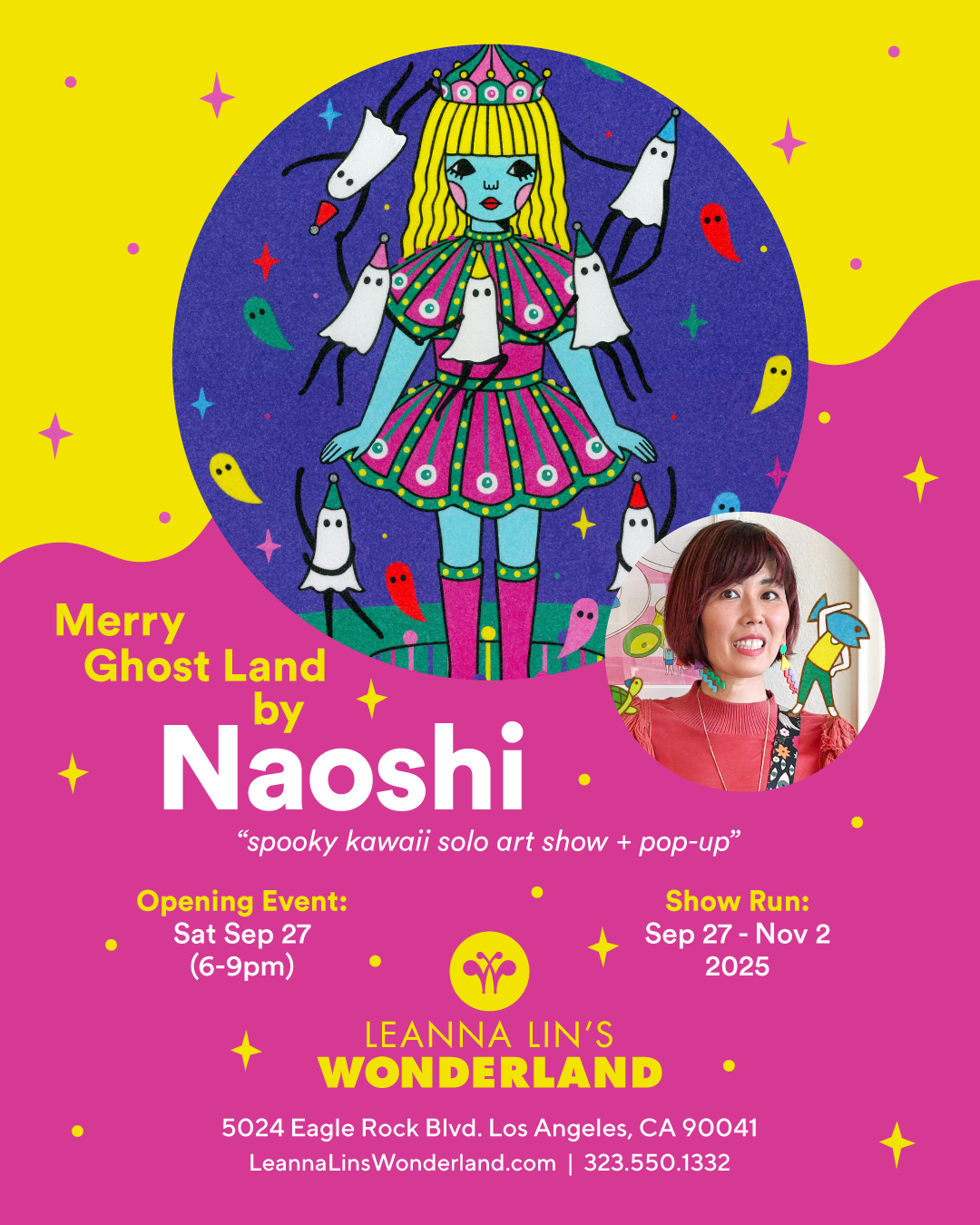 Flyer for the gallery show "Merry Ghost Land," featuring an illustration of a ghost girl and an image of the artist Naoshi, with information on the show's run and opening event.