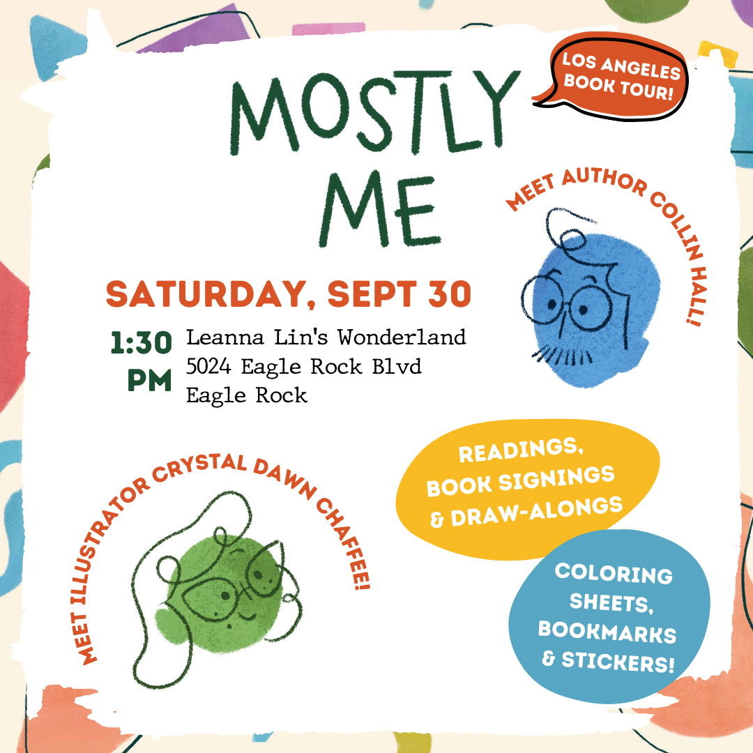 Flyer for the "Mostly Me" book signing event featuring cute comic-style art of colorful people with glasses.