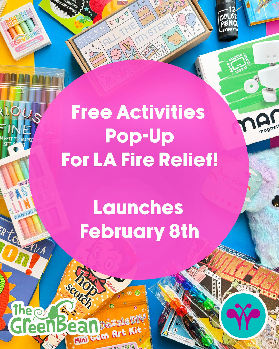 Flyer with the text "Free Activities Pop-Up For LA Fire Relief! Launches February 8th" on a pink translucent circle against a background with markers and activity books. 