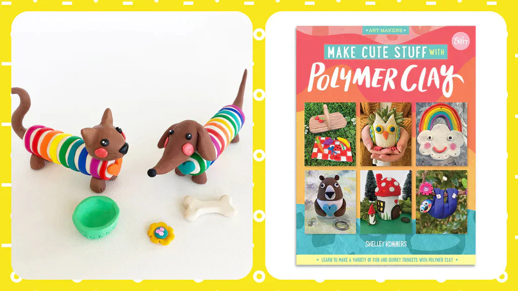 Flyer for the event "Make Cute Stuff with Polymer Clay" featuring a dog and cat made of polymer clay wearing rainbow sweaters, next to a picture of the flyer with six examples of clay creations and information on the event.