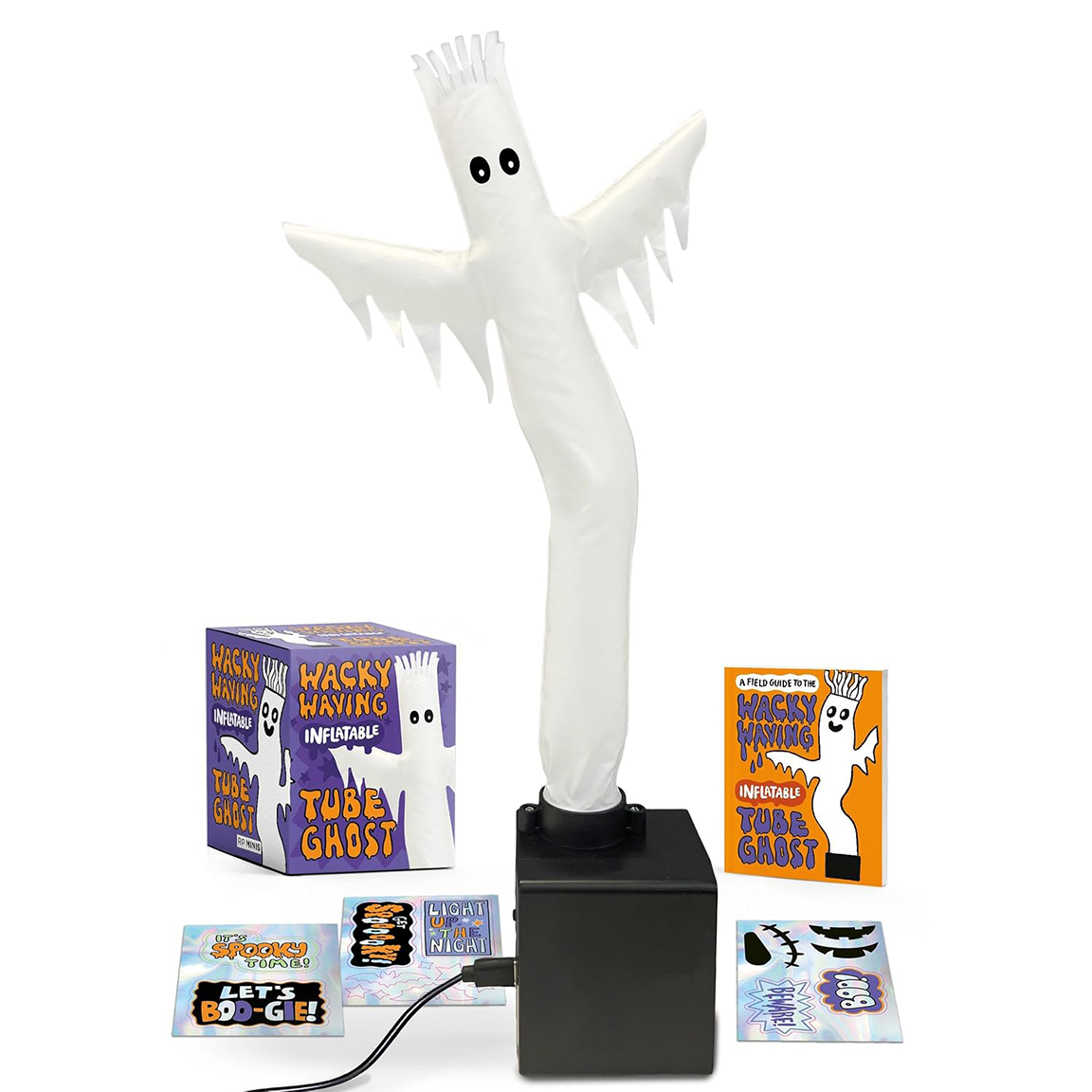 Inflatable tube ghost toy with packaging and illustrated booklets on a white background.