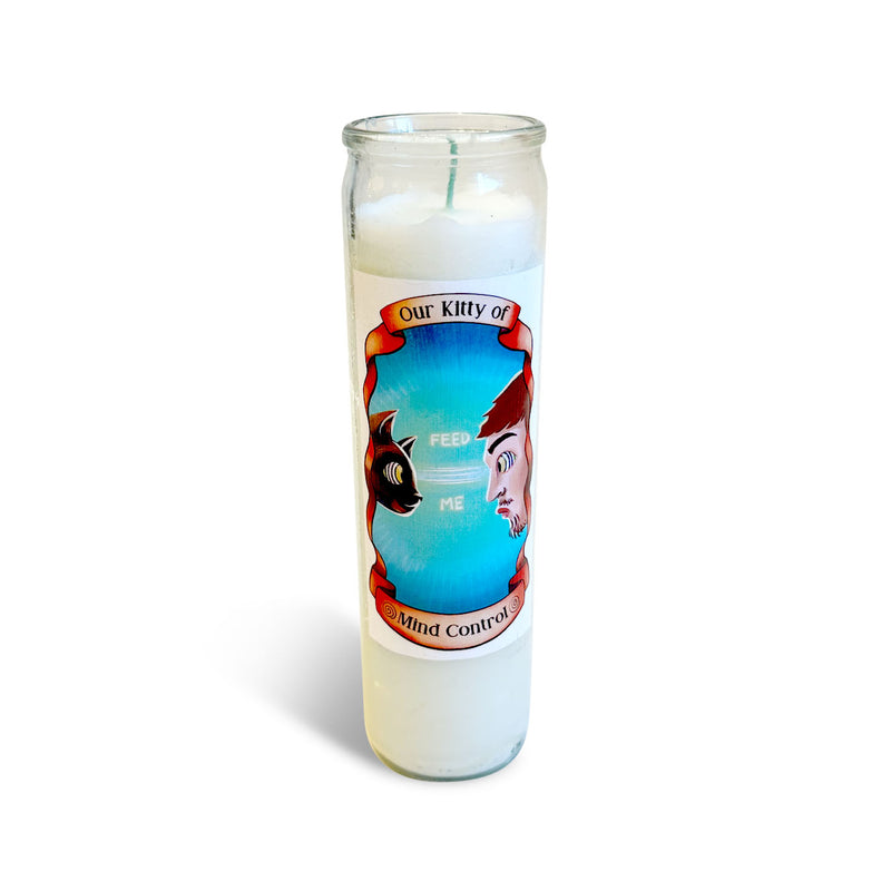 Kati Prescott: Our kitty of mind control (white) Prayer Candle