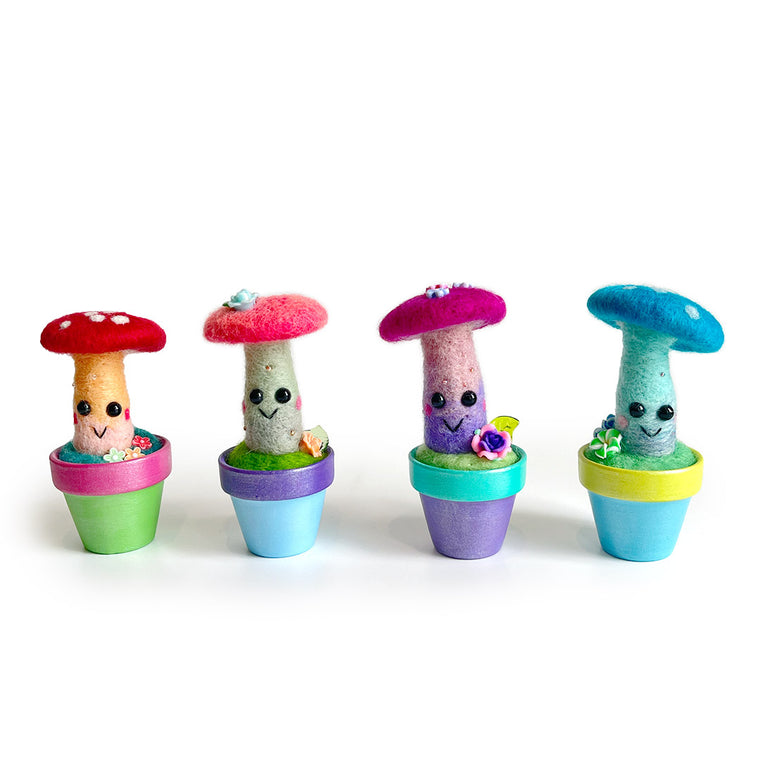 Aluminum Bunny: Assorted Needle Felted Potted Mushrooms