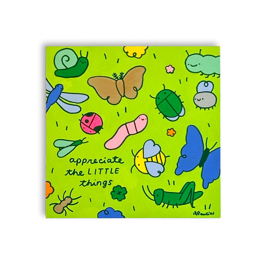 A square canvas featuring a bright lime green background decorated with colorful hand-drawn insects, flowers, and the handwritten text &