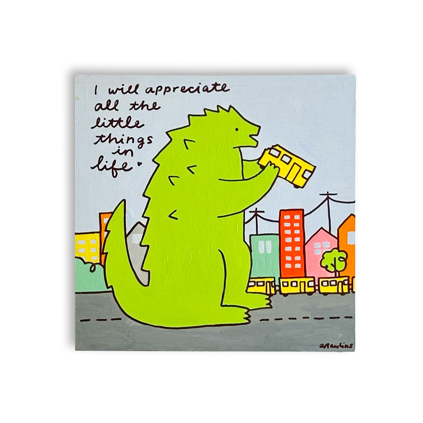 A square canvas  featuring a whimsical illustration of a green monster holding a yellow car, with the text &