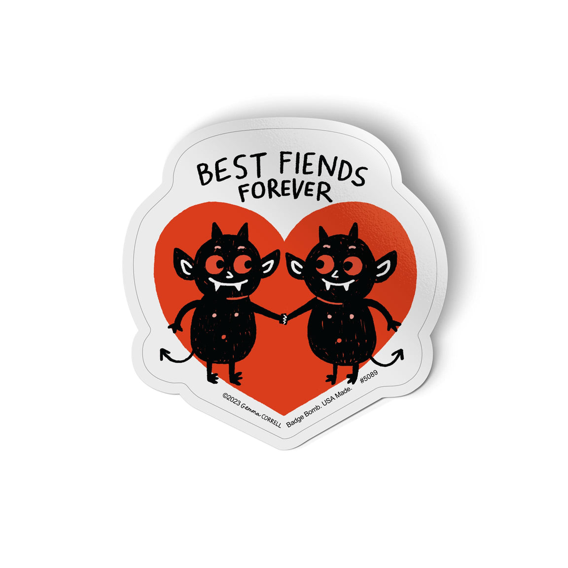 A die-cut sticker featuring two cartoon black devil characters holding hands inside a red heart, with the text 'BEST FIENDS FOREVER' above them, shown on a white background with a soft shadow.