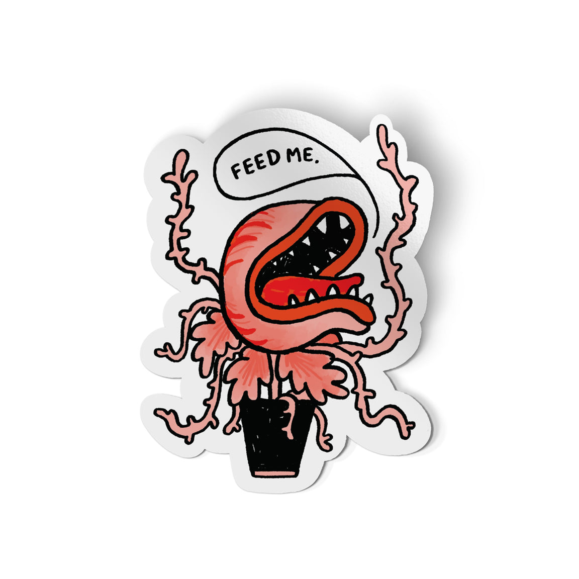 A die-cut sticker featuring a cartoon plant-like monster with an open mouth and speech bubble reading 'FEED ME.' on a white background.