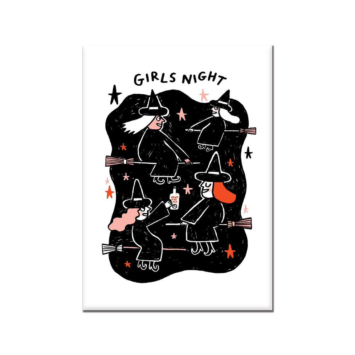 A vertical rectangular fridge magnet featuring a whimsical illustration of four witches riding broomsticks against a black cloud shape, with the text 'GIRLS NIGHT' at the top. The print has a white border and is shown centered on a white background.