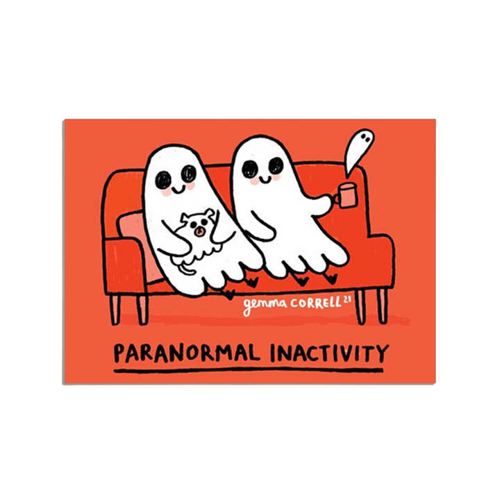 A horizontal rectangular fridge magnet featuring a cartoon illustration of two white ghosts sitting on an orange-red couch against a red-orange background. One ghost holds a small white dog, and the other holds a mug. Underneath the words &
