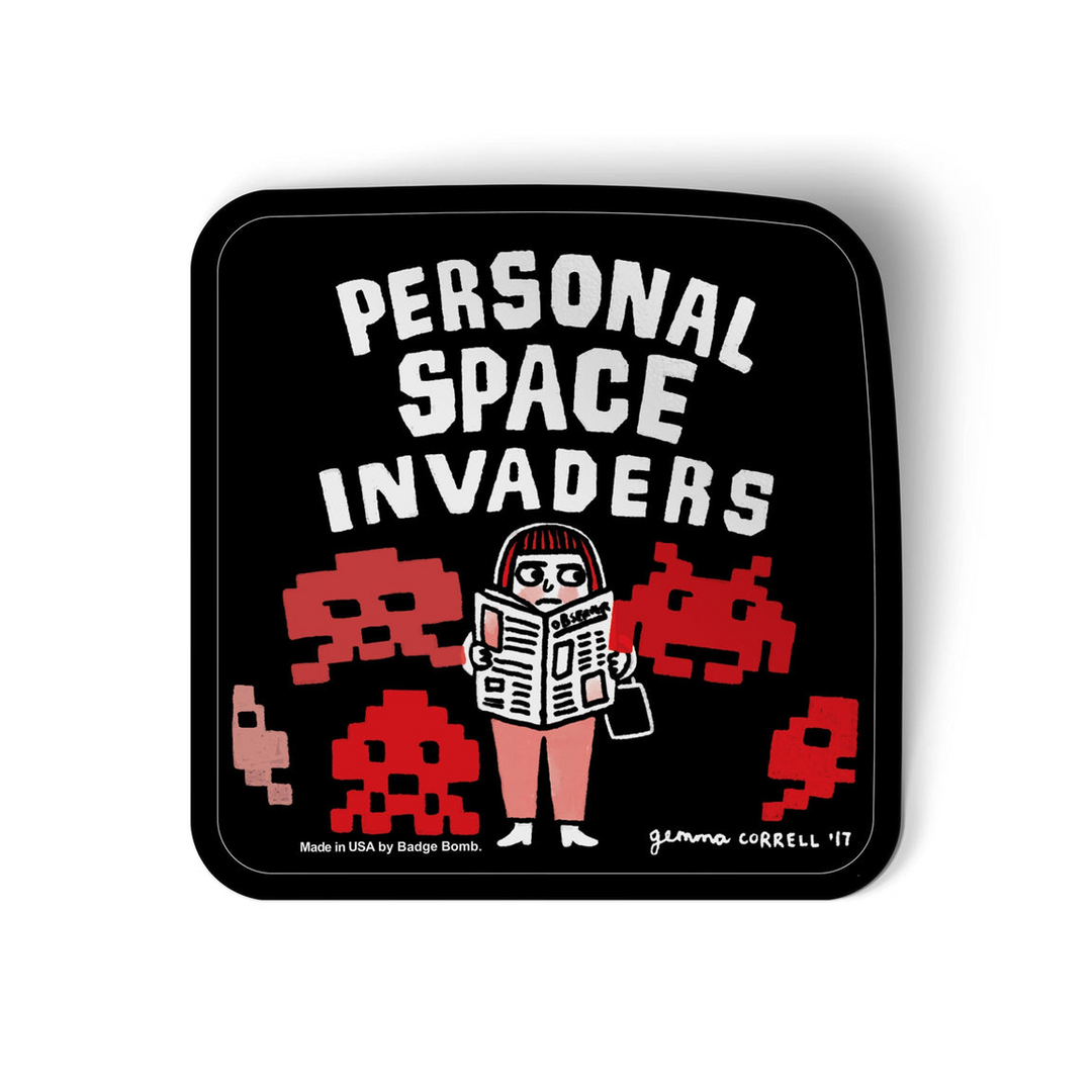 A square black die-cut sticker with rounded corners featuring a retro pixel-art design. The design shows the text &