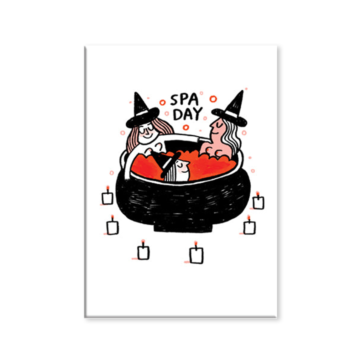 A vertical rectangular fridge magnet featuring a whimsical illustration of two witches in black hats sitting in a cauldron filled with red bathwater, with the text 'SPA DAY' above and small candle drawings around it, shown on a white background.