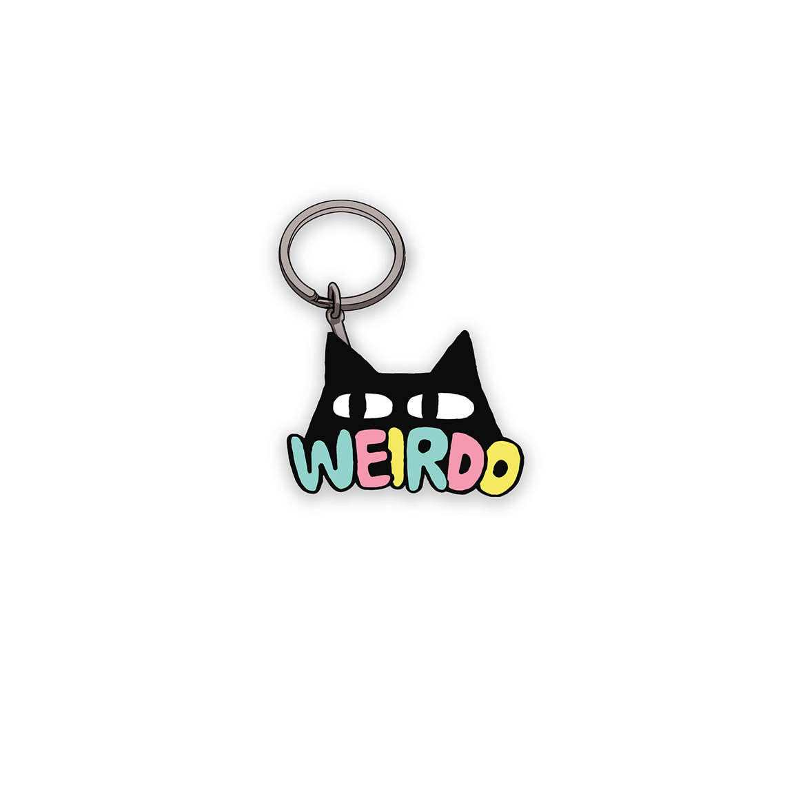 A black cat-shaped enamel keychain charm with the word 'WEIRDO' in pastel multicolor letters, attached to a silver metal key ring on a plain white background.