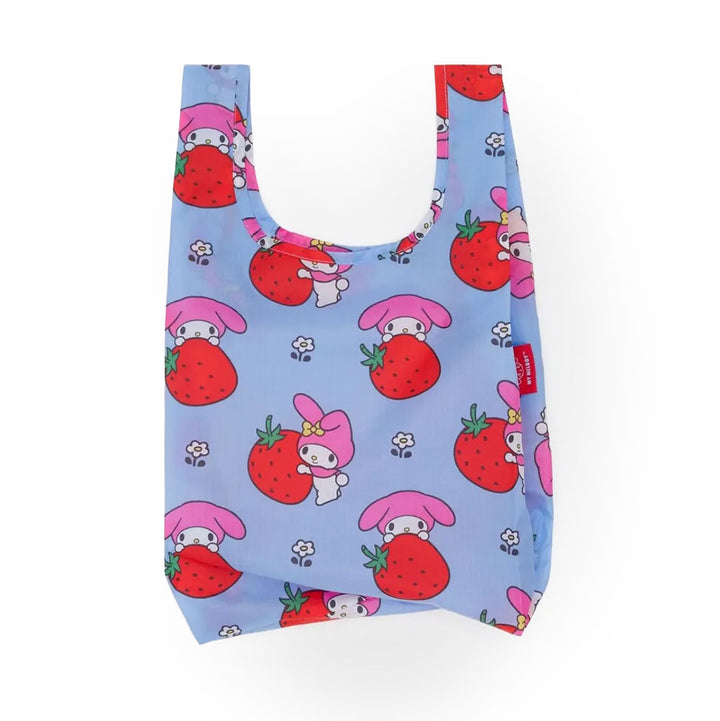 Reusable bag with My Melody bunny and strawberry pattern on a light blue background.