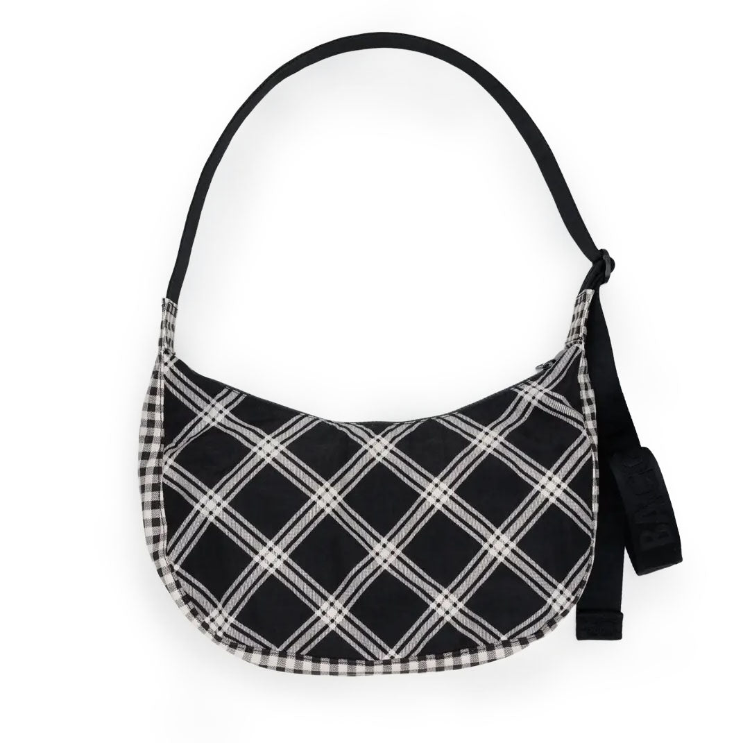 Mixed Black & White Plaid Medium Crescent Bag