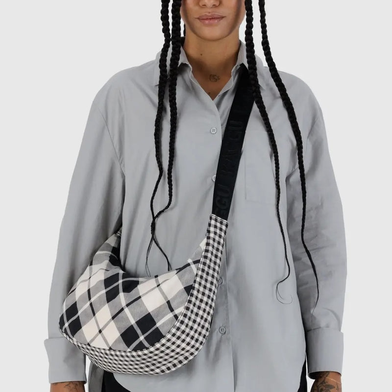 Mixed Black & White Plaid Medium Crescent Bag