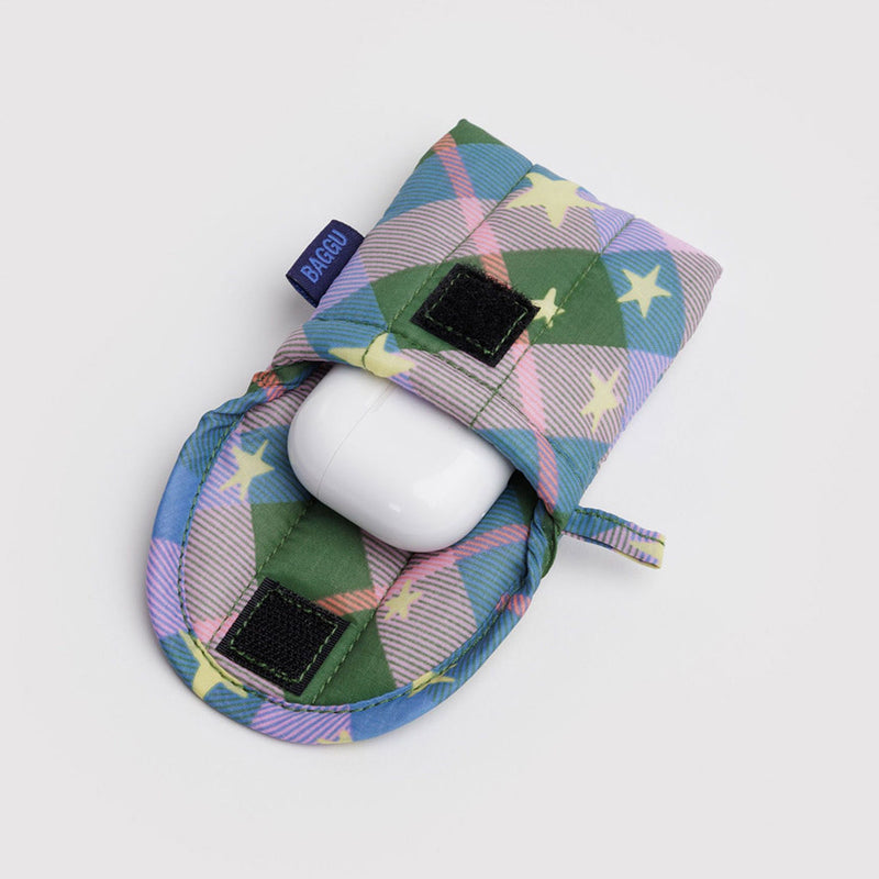Green Star Plaid Puffy Earbuds Case