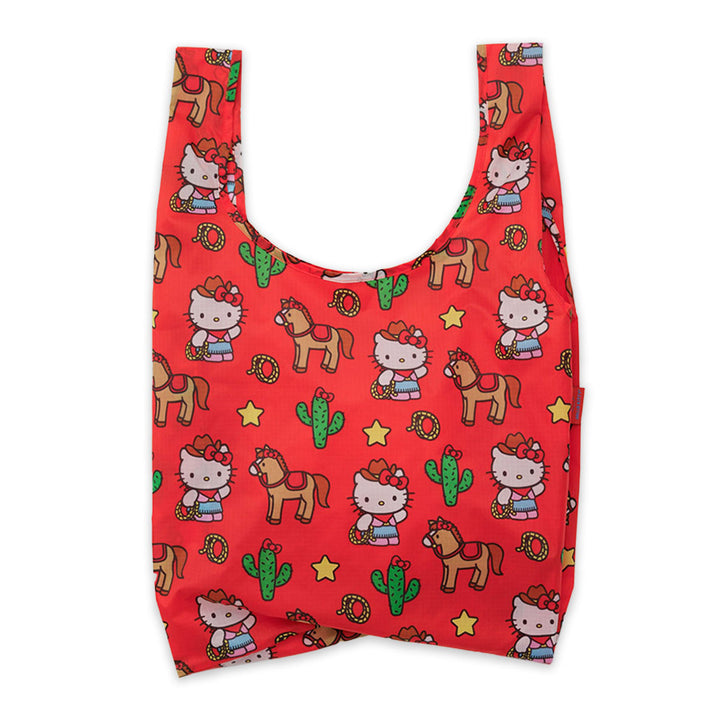 Red reusable bag with Hello Kitty and horse pattern on a white background.