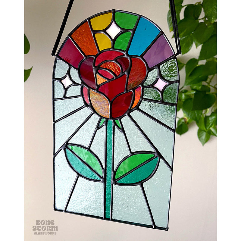 Bonestorm Glassworks: Red Rainbow Rose Suncatcher