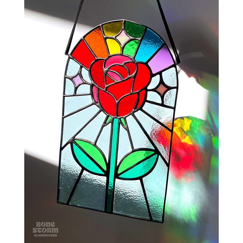 Bonestorm Glassworks: Red Rainbow Rose Suncatcher