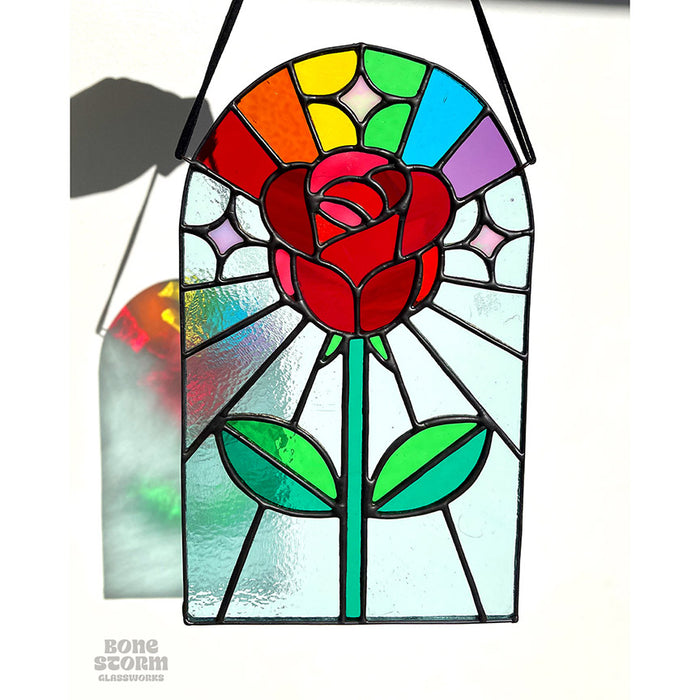 Bonestorm Glassworks: Red Rainbow Rose Suncatcher