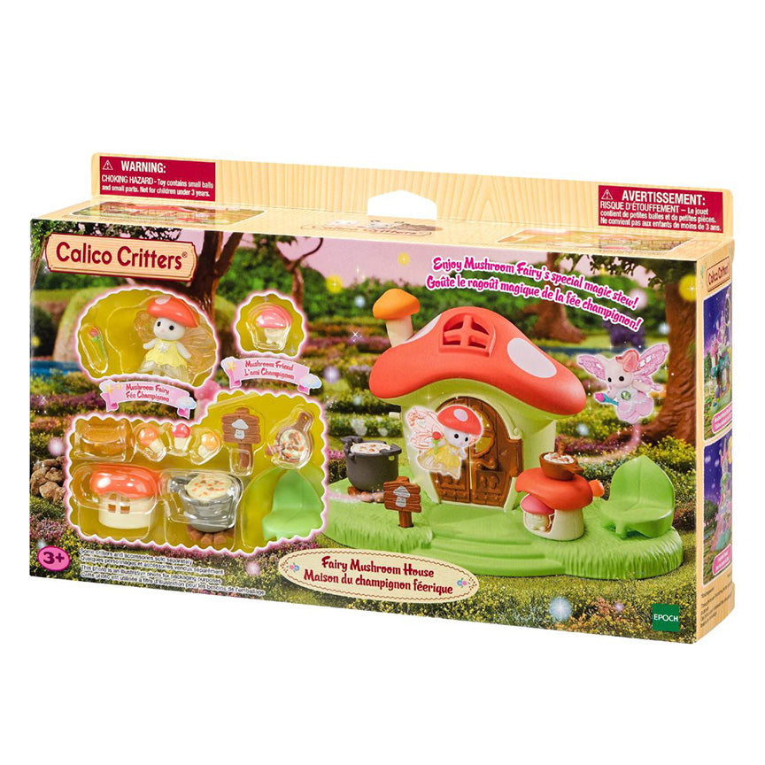 Outside toy wood-themed packaging featuring flying mushroom fairy and mushroom house. 