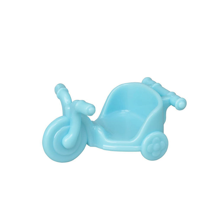 A small light blue plastic toy bicycle/cart with a seat and handlebars, isolated on a white background.