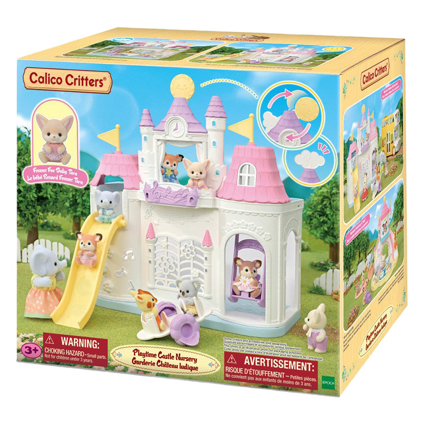 Calico Critters Playtime Castle Nursery toy set in its original retail packaging, featuring a pink and white castle with a yellow slide, accompanied by small animal figures.