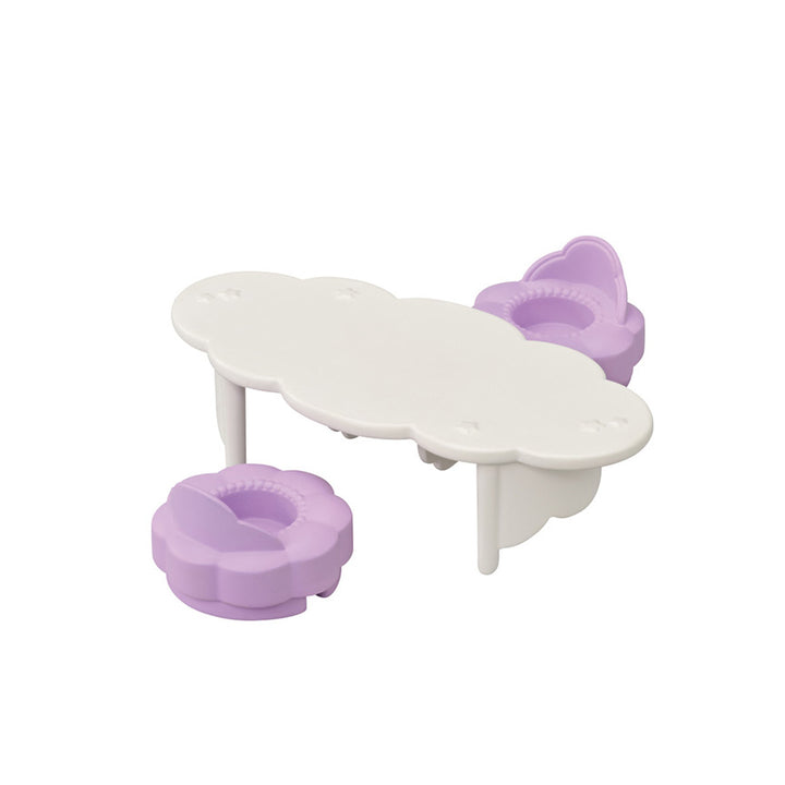 A small white cloud-shaped table or tray set with two lavender flower-shaped cup chairs, shown on a plain white background. This table also converts into a cart. 